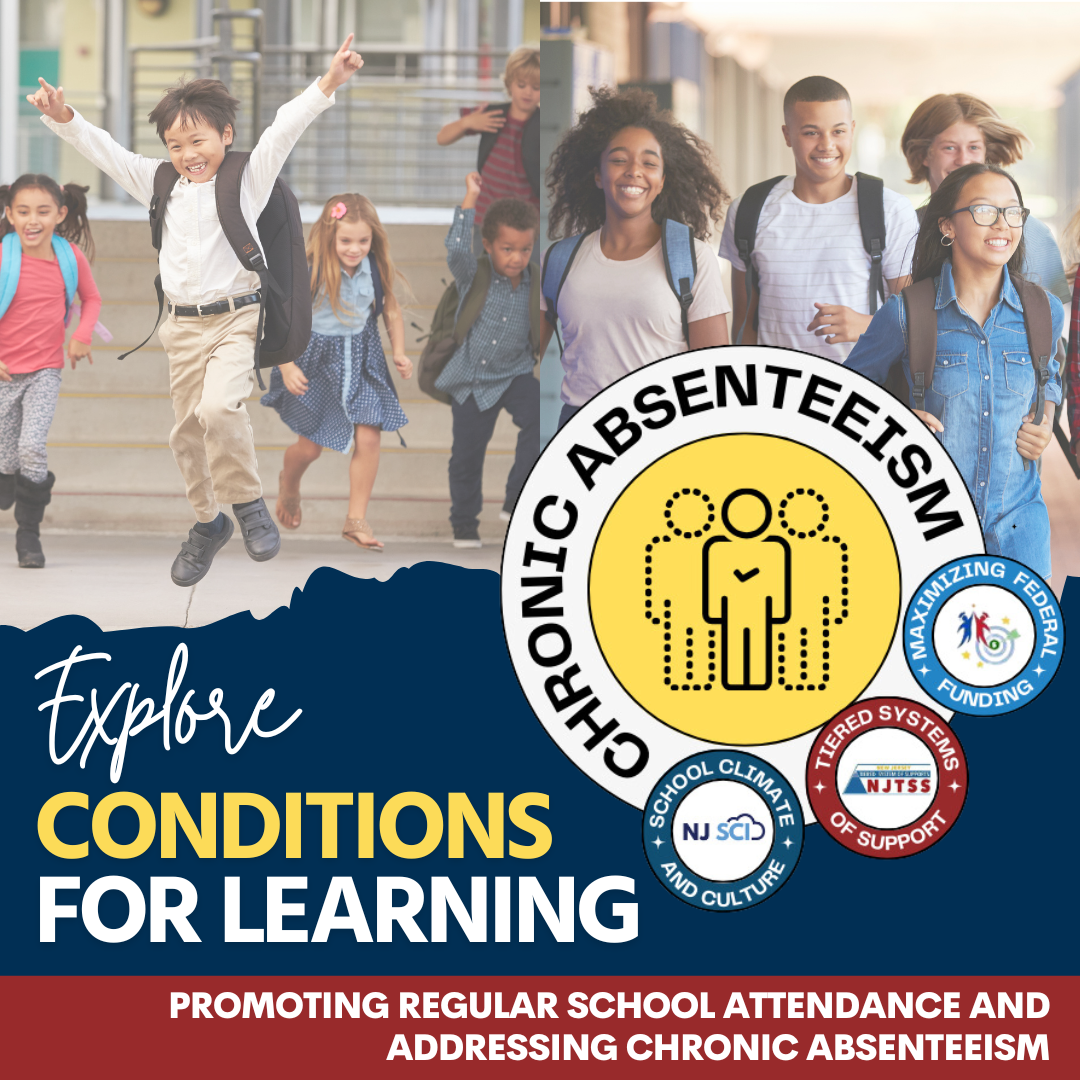 The image reflect two images above the title of the initiative "Conditions for Learning". The image on the left shows young students, between 5-10 years of age running and celebrating with their hands in the air. They have backpacks on and holding books. The image on the top right is of adolescents.